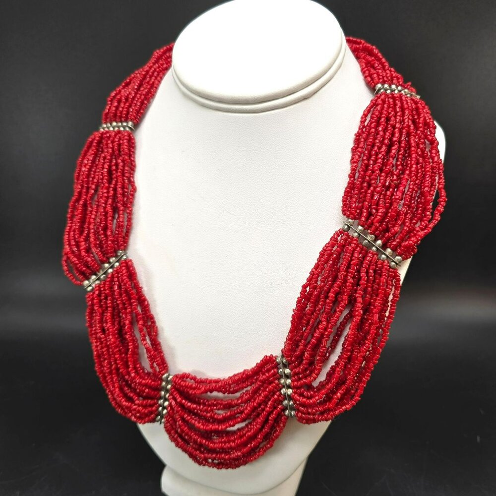 Vintage Red Beaded Multi-Strand Necklace With Silver Accents 20" HS195